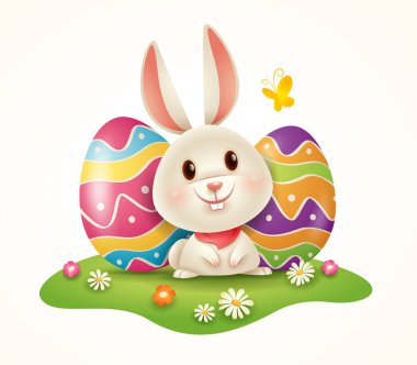 Paskalya tavşanı ve Paskalya yumurtası çimlere boyanmış. İzole edilmiş. 