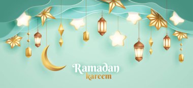 Ramazan Kareem kağıt grafiği Hilal ay ve İslami dekorasyonlu İslami festival tasarımı.