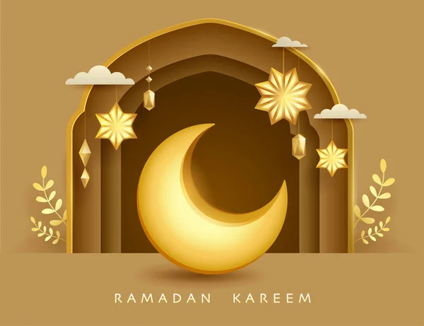 Ramadan Kareem Graphique Papier Conception Festival Islamique Avec Croissant Lune — Image vectorielle