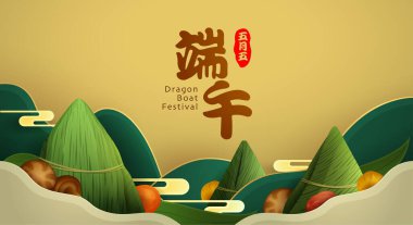 Ejderha Teknesi Festivali pirinç köftesi ve kağıt grafik dağ manzarası arka planında malzeme tarifi. Çeviri - Ejder Gemisi Festivali, 5 Mayıs Ay takvimi.