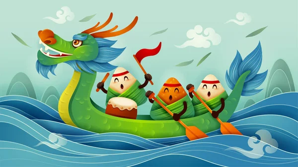 米団子漫画のキャラクターと水上の龍舟とドラゴンボート祭り — ストックベクタ