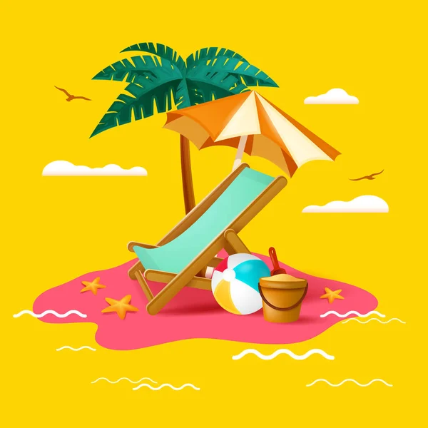Summer Holiday Beach Vacation Beach Chair Umbrella Coconut Tree Beach — Stock Vector