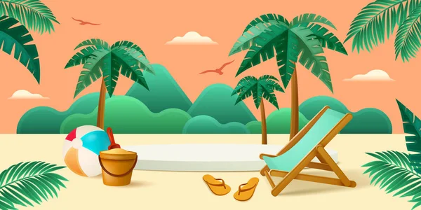 Vacaciones Verano Vacaciones Podio Temático Con Elementos Playa Conjunto Verano — Vector de stock