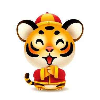 Geleneksel Çin kostümlü şirin küçük kaplan yavrusu Gong Xi Gong Xi 'yi selamlıyor. İzole edilmiş.