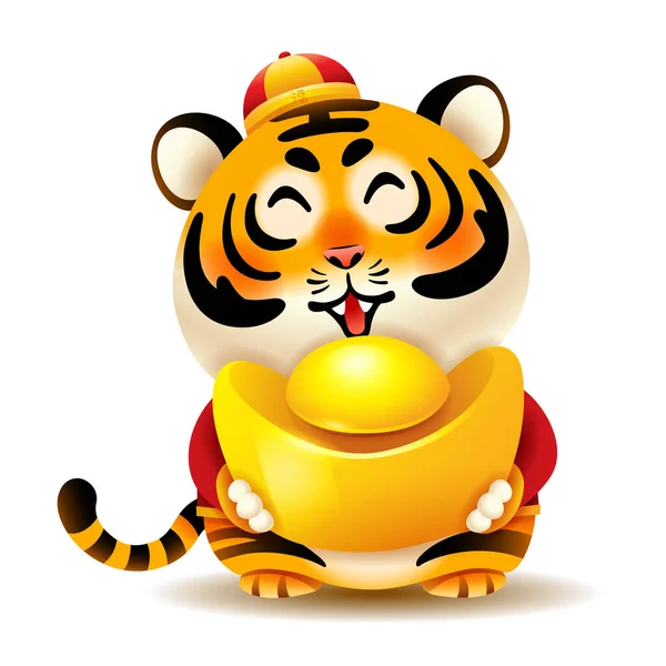 Roztomilý Tygr Tradičním Čínským Kostýmem Drží Ingot Izolovaný Překlad Hodně — Stockový vektor