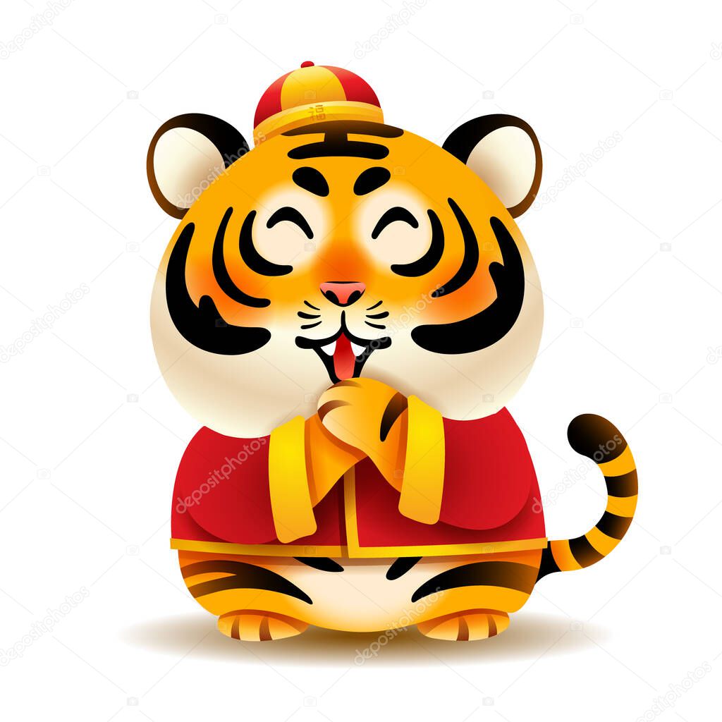 Cute little tiger with traditional Chinese costume greeting Gong Xi Gong Xi. Isolated.