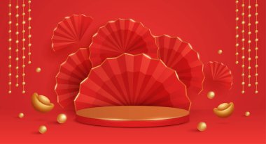 Çin Yeni Yıl kırmızı ve altın temalı podyum sahnesinin 3 boyutlu illüstrasyonu. Ürün sergisi için arka planda doğuya özgü unsurların kağıt grafik stili. Tasarım için geniş kopyalama alanı.