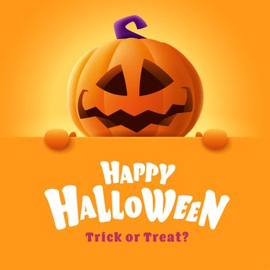 Mutlu Cadılar Bayramı. Turuncu arka planda büyük bir tebrik panosu olan sevimli Jack O Lantern portakal kabağı karakteri..
