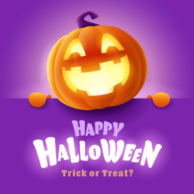 Mutlu Cadılar Bayramı. Mor arka planda kocaman bir tebrik panosu olan sevimli, parıldayan Jack O Lantern portakal kabağı karakteri..