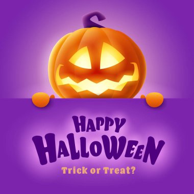 Mutlu Cadılar Bayramı. Mor arka planda kocaman bir tebrik panosu olan sevimli, parıldayan Jack O Lantern portakal kabağı karakteri..