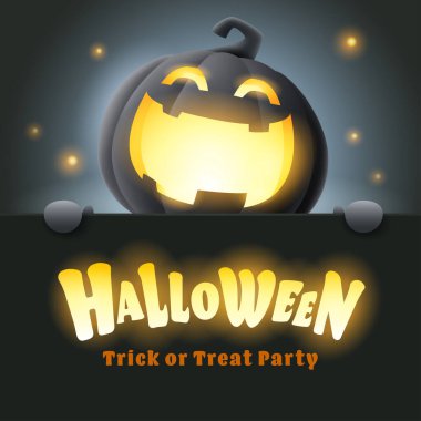 Mutlu Cadılar Bayramı. Siyah arkaplanda kocaman bir tebrik panosu olan sevimli, parıldayan Jack O Lantern siyah balkabağı karakterinin 3 boyutlu çizimi.