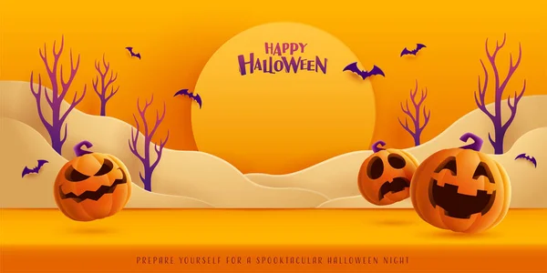 Boldog Halloweent Halloween Narancs Téma Papír Grafikus Felhő Jelenet Csoport — Stock Vector