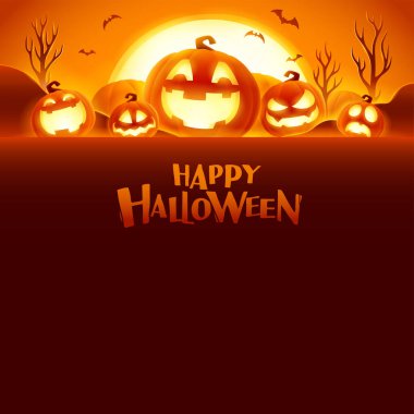 Mutlu Cadılar Bayramı. Jack O Lantern partisi. Cadılar Bayramı balkabağı tarlası ay ışığında. Tasarım için geniş kopyalama alanı.
