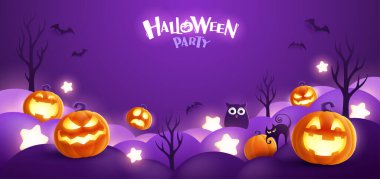 Mutlu Cadılar Bayramı. Bir grup 3D illüstrasyon Jack O Lantern balkabağı şeker ya da hileli fantezi eğlence partisi kutlama mor arka plan tasarımı.