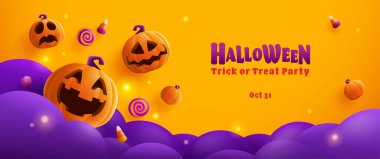 Mutlu Cadılar Bayramı. 3 boyutlu illüstrasyon balkabağı grubu eğlence ya da şaka partisi arka plan tasarımı.