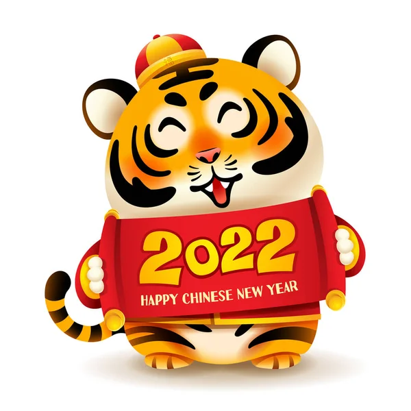 Roztomilý Tygr Tradičním Kostýmem Drží Čínský Svitek2022 Čínský Nový Rok — Stockový vektor