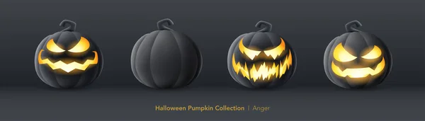 Ensemble Citrouille Noire Halloween Expression Colère — Image vectorielle
