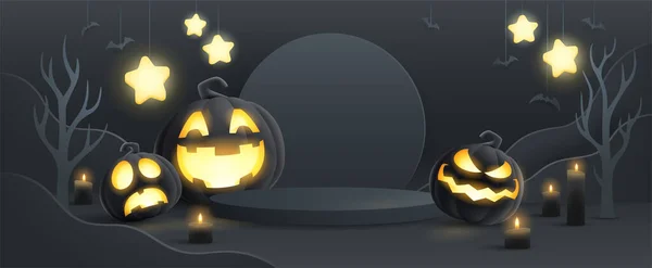 Halloween Fantasi Svart Tema Produktdisplay Podium Papper Grafisk Bakgrund Med — Stock vektor