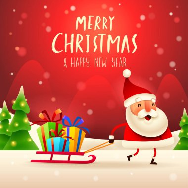 Noel Baba kar sahnesinde Noel hediyesiyle kızak çekiyor.