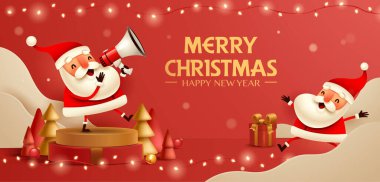 Noel Baba Kırmızı Fesatif Arkaplan Üzerine Megafonla Noel Mesajı Duyuruyor