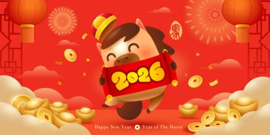 Mutlu Çin Yeni Yılı. Atın Refah Yılı. Yeni Yıl Dekorasyonlu Şirin At