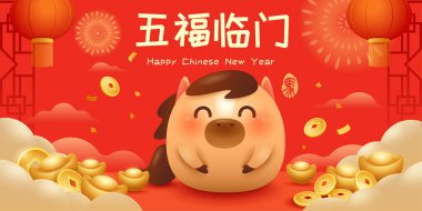 Mutlu Çin Yeni Yılı. Atın Refah Yılı. Yeni Yıl Dekorasyonlu Şirin At