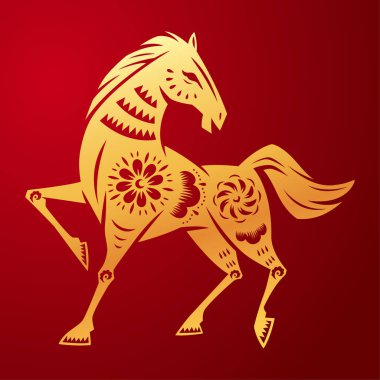 Çin Geleneksel Kağıt Kesimi Sanat Şablonu At Sembolü - Altın