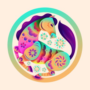 Çiçek desenli Altın At Sembolünün Çin doğulu kağıt kesimi sanatı - Neon