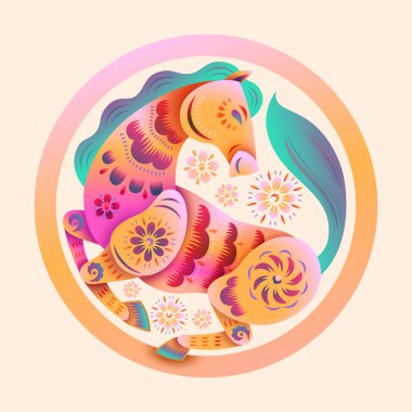 Çiçek desenli Altın At Sembolünün Çin doğulu kağıt kesimi sanatı - Neon