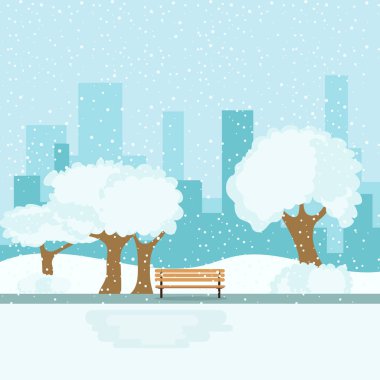 Kış şehri manzarası. Kışın şehir manzarası, karın içinde ağaçlar ve ortasında bir bank. Vektör, tasarım illüstrasyonu. Vektör.