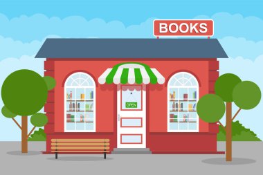 Kitapçı, kitapçı cephesi şehir manzarasının arka planına karşı. Vektör, karikatür çizimi. Vektör.