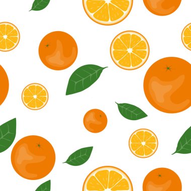 Arkaplanda portakal, portakal dilimleri ve beyaz arka planda izole edilmiş yapraklar var. Vektör, tasarım illüstrasyonu. Vektör.