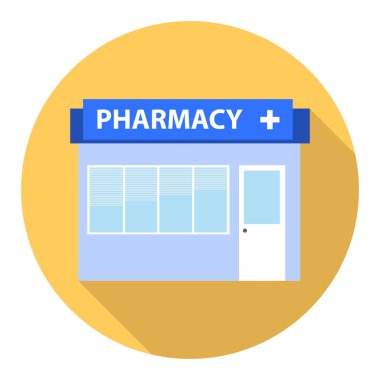 Eczane, eczane cephesi sarı arka planda izole edilmiş gölge eczane ikonu. Vektör, karikatür çizimi. Vektör.