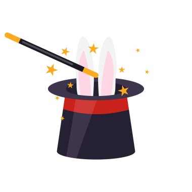 Sihirli şapka, sihirli şapka ve tavşan kulaklı değnek ikonu. Sihirbaz şapkası ikonu. Vektör, karikatür çizimi, poster, kartpostal. Vektör resmi.