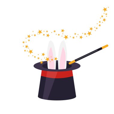 Sihirbaz şapkası, sihirli şapkası, sihirli değnekli, sihirbaz şapkası ikonu beyaz arka planda izole edilmiş. Vektör karikatür çizimi, poster, kartpostal. Vektör resmi.