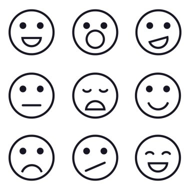 Gülen yüz ikonu, beyaz arka planda izole edilmiş siyah beyaz gülen yüz seti. Vektör, tasarım illüstrasyonu. Vektör.