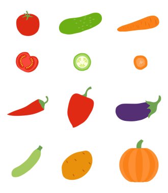 Sebzeler, beyaz arka planda izole edilmiş. Salatalık, domates, havuç, biber, kabak, patates, patlıcan. Vektör karikatür illüstrasyon posteri taşıyıcı resmi