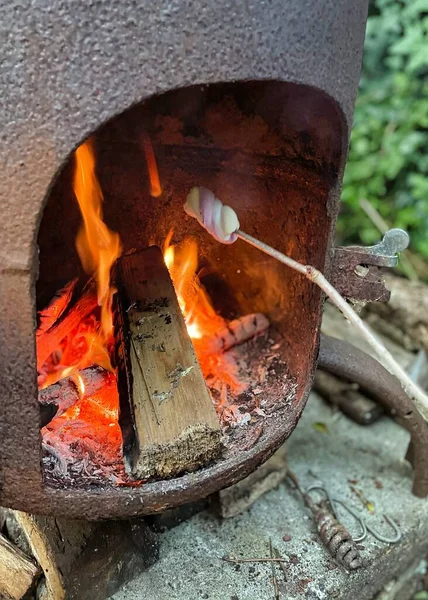 Bahçe Bahçesindeki Bir Kamp Ateşinde Kavrulan Lokum — Stok fotoğraf