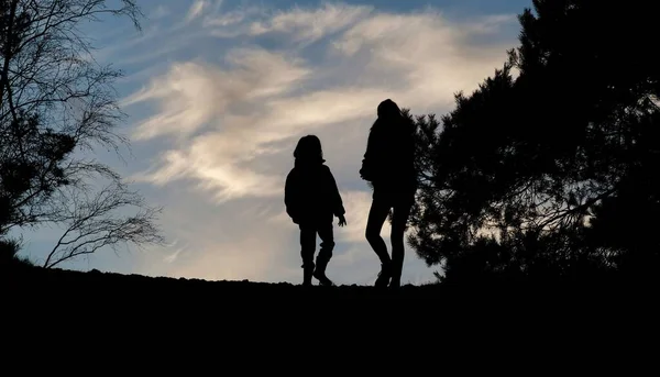 Силуэты мальчика и девочки небо против голубого неба на закате во время блокировки из-за коронавируса меры — стоковое фото
