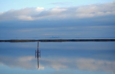 Hollanda 'nın sisli gölünde, sakin bir gölde bir direk.
