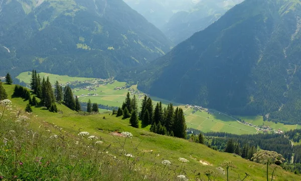 Beautiful alpine landscape with green meadows, alpine cottages and mountain peaks, Lechtal, Lech, Austria, Summer 2020