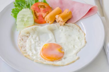 Kızarmış yumurta ve sosis beyaz bir plaka üzerinde