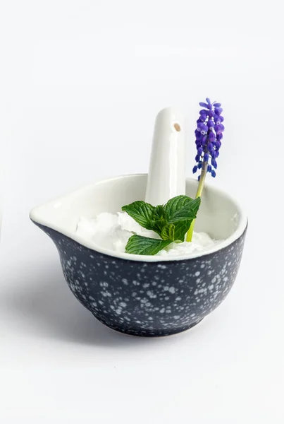 Cosmetic Background Cosmetic Cream Bowl Pestle Aromatic Herbs Close — Stock Photo, Image