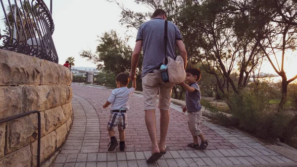 Vue arrière du père avec deux jeunes fils marchant sur le sentier dans le parc — Photo