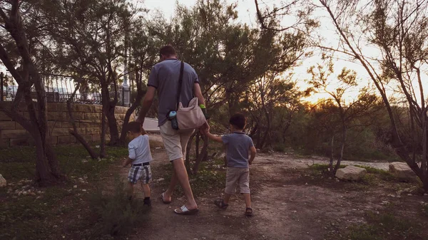 Veduta posteriore del padre con due giovani figli che camminano sul sentiero nel parco — Foto Stock