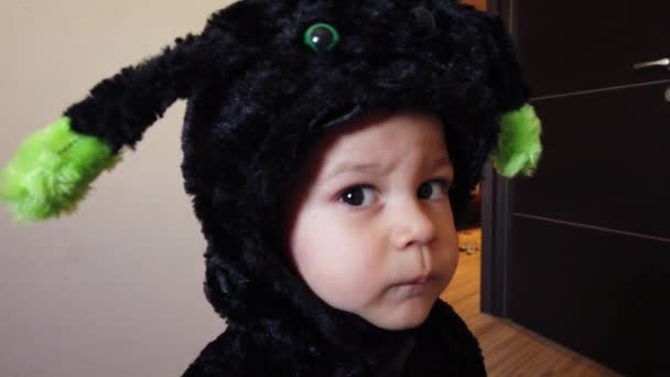 Niño adorable con traje de araña haciendo expresiones faciales divertidas — Vídeos de Stock