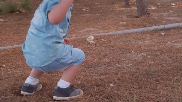 Cute toddler picking up stone and throws it away. Kid playing in the forest. Slow motion shot — Αρχείο Βίντεο