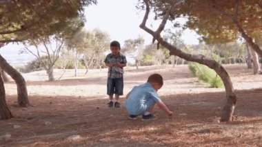 Kardeşler doğada oynuyor. Güneşli yaz gününde kirli ve kuru çimenleri keşfediyorum.