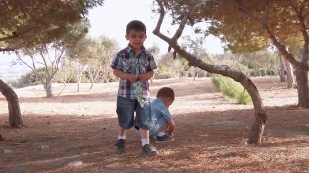 Siblings playing in the nature. Exploring the dirth and dry grass on sunny summer day. Older brother approaching camera — Αρχείο Βίντεο