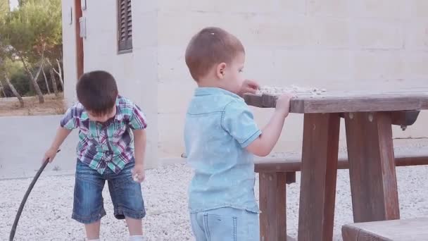 Entzückende Geschwister Vorschulkinder schnappen sich die weißen Kieselsteine und legen sie auf den Holztisch im Freien. — Stockvideo